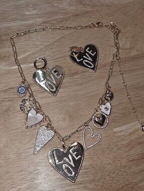 Gold Heart 'LOVE' Charm Necklace and Earrings Set - Gold Tone